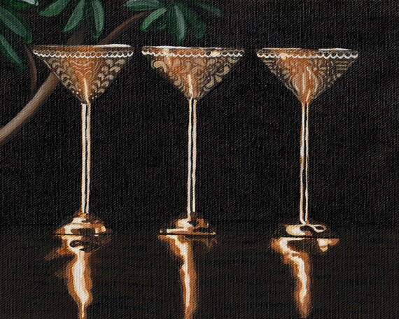 Copper Martini Glasses / Engraved Barware / Cocktail Art / Bar Decor / Wall Art /  Acrylic on Canvas *Print* or *Original*