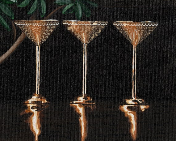 Copper Martini Glasses / Engraved Barware / Cocktail Art / Bar Decor / Wall Art /  Acrylic on Canvas Prints