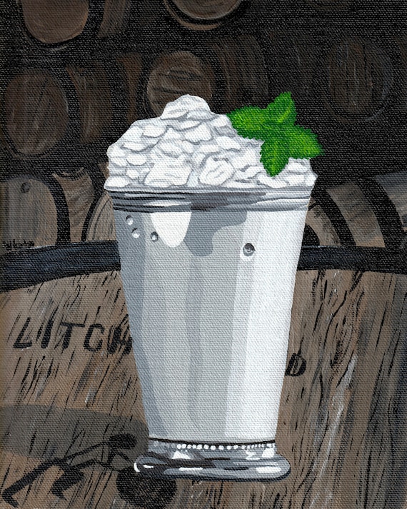 Mint Julep / Silver Barware on Whiskey Barrel / Cocktail Art / Bar Decor / Wall Art /  Acrylic on Canvas *Print* or *Original*