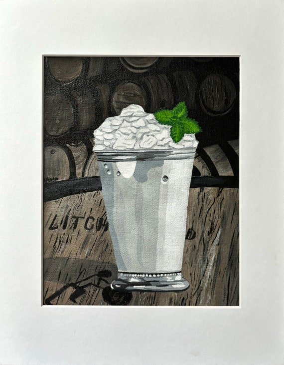 Mint Julep / Silver Barware on Whiskey Barrel / Cocktail Art / Bar Decor / Wall Art /  Acrylic on Canvas *Print* or *Original*
