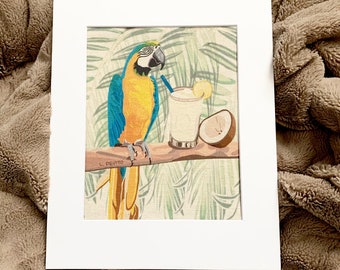 Margaritaville Parrot / Tropical Parrot Drinking Wall Art / Boho Matted Canvas Print
