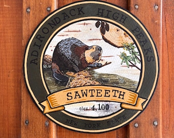 Adirondack 46er Sawteeth Ranger Badge Painting | High Peaks Wall Art | Hiking Gift | Adirondack Decor | Gold Floating Frame