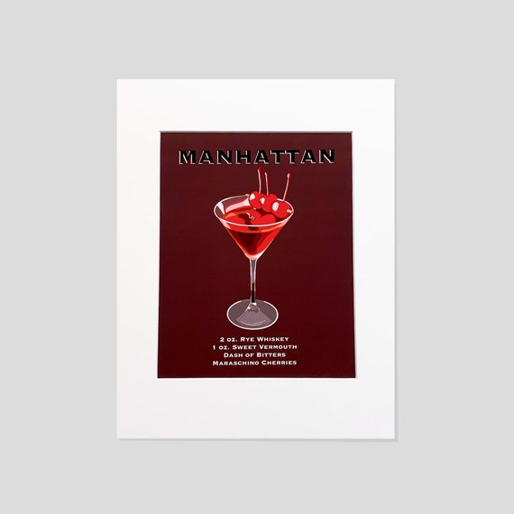 Classic Manhattan Martini / Cocktail Illustration / Wall Art / Matted Print