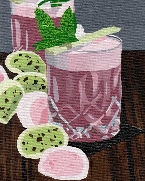 Black Currant Gin Sour + Mochi / Asian Cocktail & Ice Cream / Cocktail Art / Bar Decor / Wall Art /  Acrylic on Canvas *Print* or *Original*