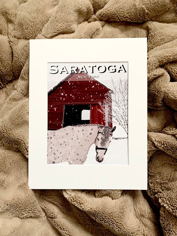 Saratoga Springs New York / White Horse / Winter Barn Wall Art / Matted Print