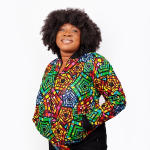 mehrfarbige Regenbogenfarbenjacke, Ankara-Bomberjacke, afrikanische Wachsbomberjacke, handgefertigte Bomberjacke, Unisex-Jacke, bunte Jacke