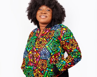 Handmade Ankara Bomber Jacket, Rainbow African Wax Print, Unisex