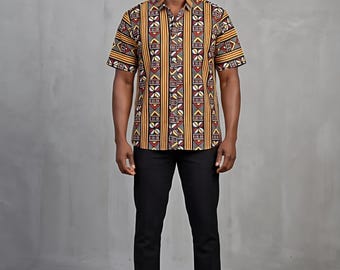 Herrskjorta med afrikanskt tryck och lertygsmönster, kortärmad, 100 % bomull, casual, moderiktig
