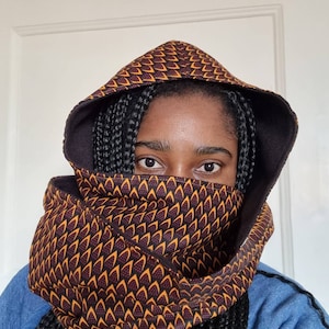 Lenço ancara com capuz, lenço infinito Ancara, lenço infinito unissex em tecido de cera, lenço com estampa africana, lenço colorido, cachecol, laços, xale