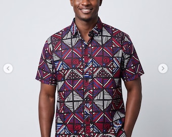 Herrskjorta med afrikanskt tryck och geometriskt mönster, kortärmad, 100 % bomull, casual, moderiktig