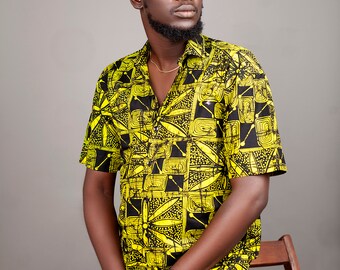 Herrskjorta med afrikanskt vaxtryck, tie dye-look, 100 % bomull