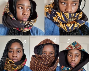 Hooded ankara scarf, Ankara infinity scarf, unisex infinity scarf in wax fabric, African print scarf,  colour scarf, scarf , snoods, shawl