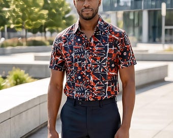 Handgjord bomullsskjorta med afrikanskt tryck | Unisex Ankara-topp, fritidskläder för kontoret