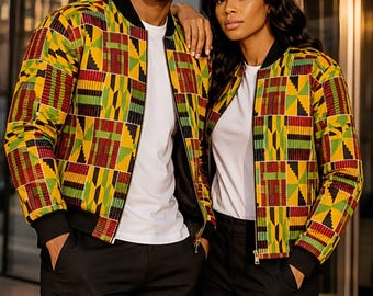 Handgjord Kente Print Bomber Jacket - Unisex Cotton Ankara Jacka