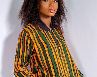 Handmade African Wax Print Bomber Jacket, Unisex Cotton Afrocentric Style
