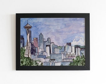 Seattle Skyline at Dusk: Watercolor Print