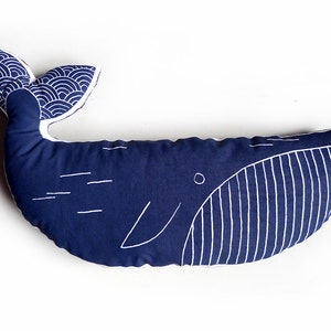 Screen printed pillow blue WHALE recycled vintage fabrics MERMADE cushion, pillow, soft toy SEA image 1