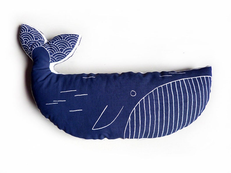 Screen printed pillow blue WHALE recycled vintage fabrics MERMADE cushion, pillow, soft toy SEA image 1