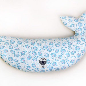 Screen printed pillow blue WHALE recycled vintage fabrics MERMADE cushion, pillow, soft toy SEA image 4