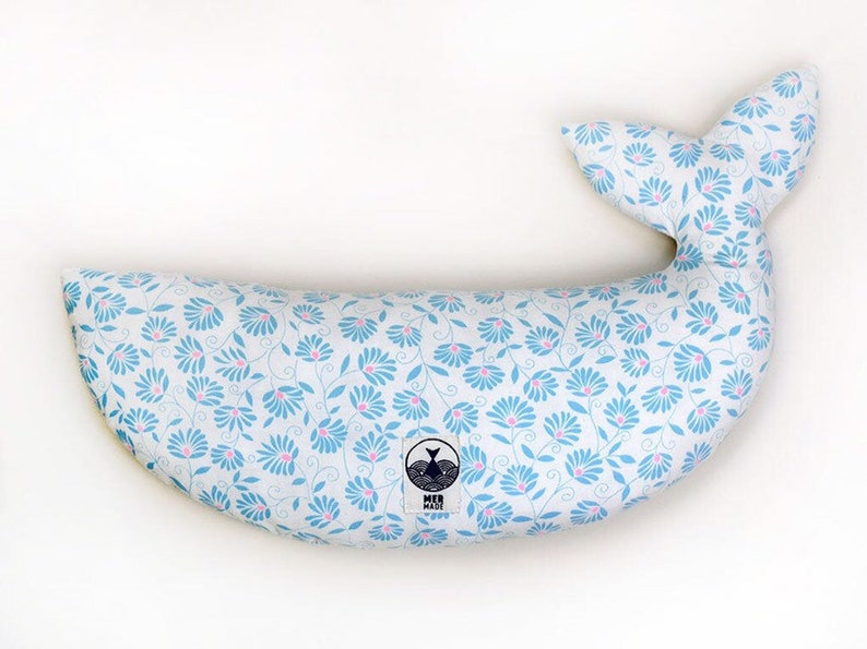 Screen printed pillow blue WHALE recycled vintage fabrics MERMADE cushion, pillow, soft toy SEA image 4