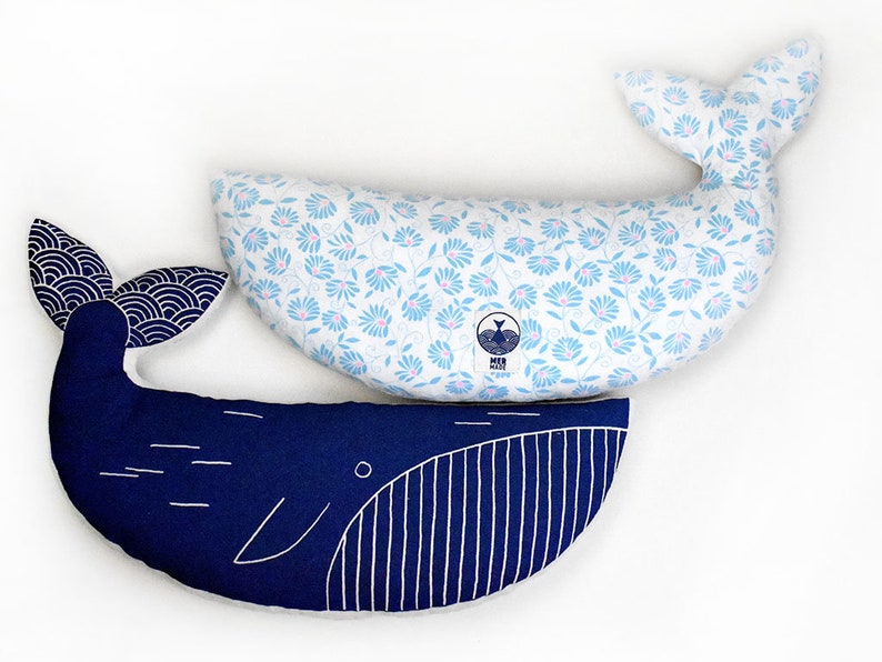 Screen printed pillow blue WHALE recycled vintage fabrics MERMADE cushion, pillow, soft toy SEA dos fleurs bleu rose