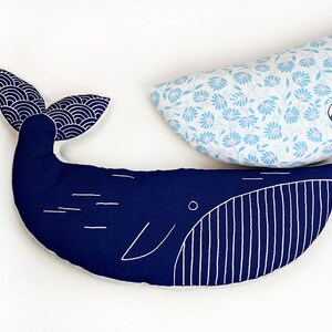 Screen printed pillow blue WHALE recycled vintage fabrics MERMADE cushion, pillow, soft toy SEA image 3