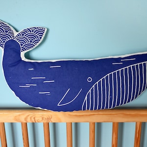 Screen printed pillow blue WHALE recycled vintage fabrics MERMADE cushion, pillow, soft toy SEA image 8