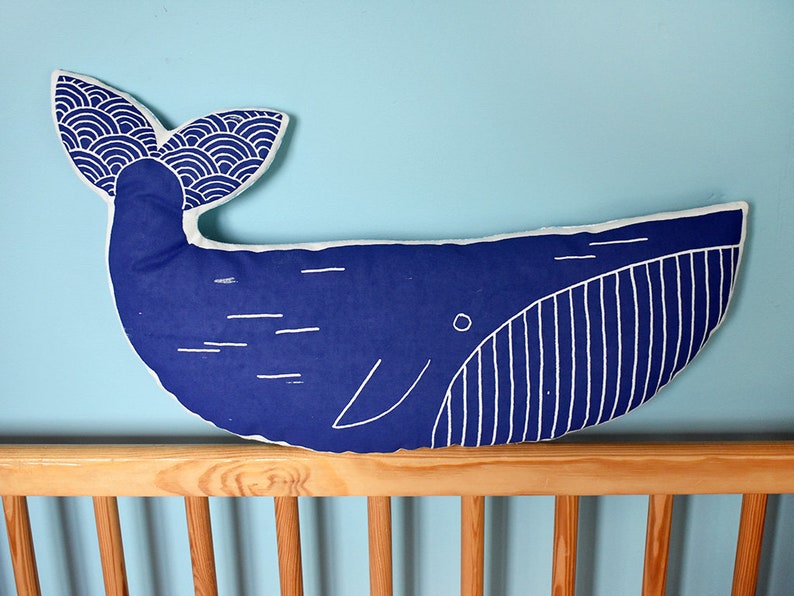 Screen printed pillow blue WHALE recycled vintage fabrics MERMADE cushion, pillow, soft toy SEA image 8