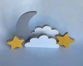 Baby Nursery Wooden Cloud, Moon and Stars Decorative Set - Babies, Kids Room Decor - Makes a Great Baby Shower Gift!