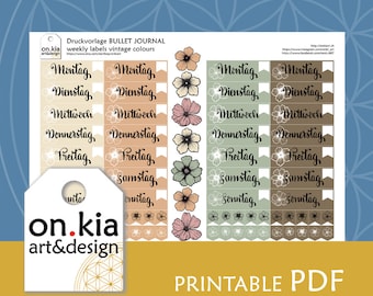 Bullet Journal Sticker weekly headers vintage colours, Bulletjournaling Druckvorlage, Printable / Überschriften / Digital Downlaod / Florals