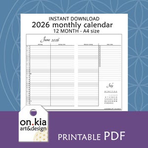 May include: A printable PDF 2026 monthly calendar in A4 size. The calendar features a layout for June and July, with space for daily notes and tasks. The design includes the text "INSTANT DOWNLOAD" and the logo for "on.kia art&design."