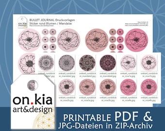 Bullet Journal Kreis Sticker Blumen / Mandala,  Bulletjournaling Druckvorlage, Printable / Digital Downlaod / Florals / rosa