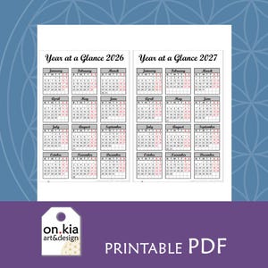 May include: A printable PDF calendar for 2026 and 2027, featuring a "Year at a Glance" format. Each month is displayed with a grid of dates. The design includes the text "on.kia art&design" and "PRINTABLE PDF".