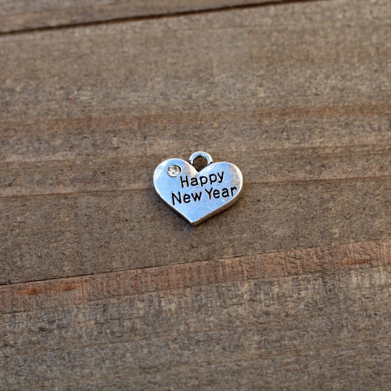 Happy New Year charm Heart Charm with Rhinestone Happy New Year heart charm 5 pieces Stamped Heart new year gift diy B45705H