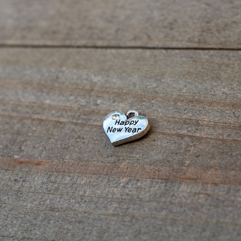Happy New Year charm Heart Charm with Rhinestone Happy New Year heart charm 5 pieces Stamped Heart new year gift diy B45705H