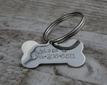 Dog Tag Custom Hand Stamped Bone Shape Silver Tone, Dog collar tag, Dog name tag, Dog Collar Name Tag