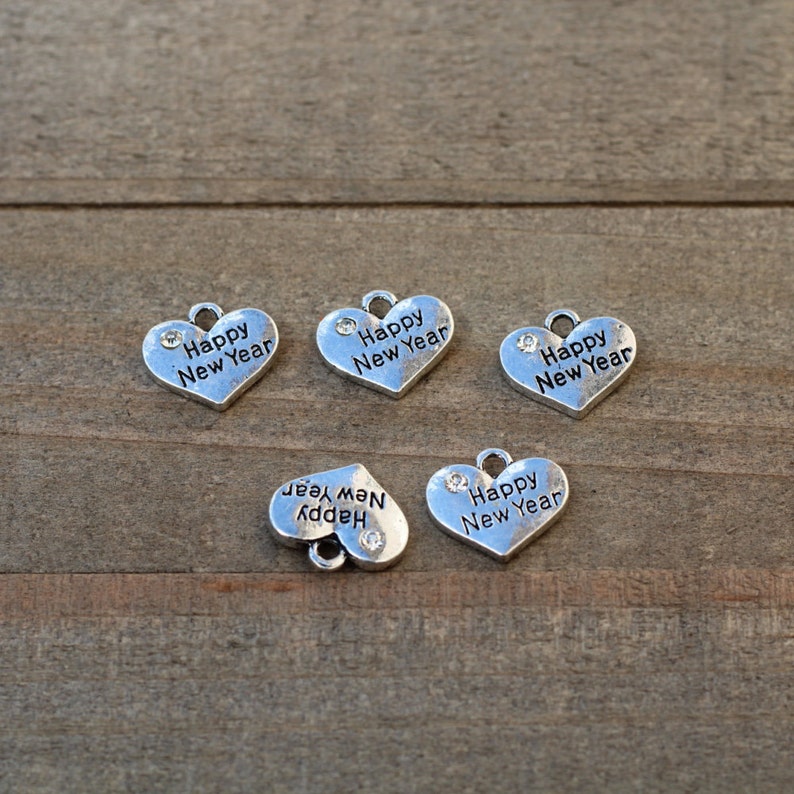 Happy New Year charm Heart Charm with Rhinestone Happy New Year heart charm 5 pieces Stamped Heart new year gift diy B45705H