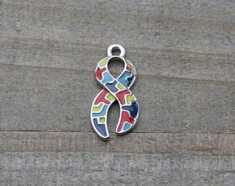 1 PIECE Autism Awareness charm, Enamel Metal AUTISM AWARENESS Ribbon Charm, Puzzle ribbon pendant, awareness charm 24mm(1") B35252