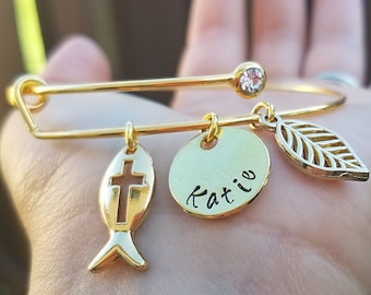 Gold Plated Custom Christian Charm Bracelet, Baptism Gift Bracelet, First Communion Gift, Christian Gift, Christian Bracelet Adjustable
