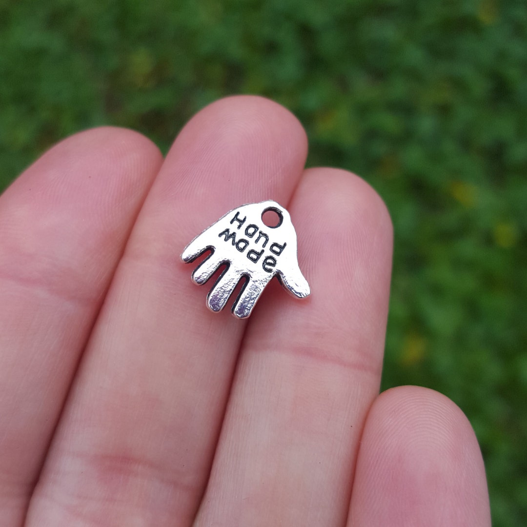 10 PIECES Hand Charm, Hand Made Stamped Charm, Antique Silver Tone
