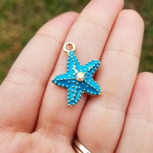 10 Pieces Starfish Gold Plated with Blue Enamel and Rhinestone, Starfish Charm, Blue Starfish Charm, Beach Charm, Ocean Charm, K00951H