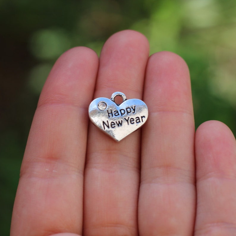 Happy New Year charm Heart Charm with Rhinestone Happy New Year heart charm 5 pieces Stamped Heart new year gift diy B45705H