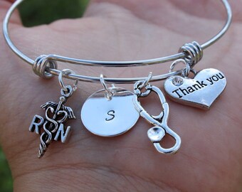 Nurse gift bracelet, Nurse apreciation bracelet, Personalised Bracelet, RN bracelet, MD bracelet, Customized Bangle Bracelet
