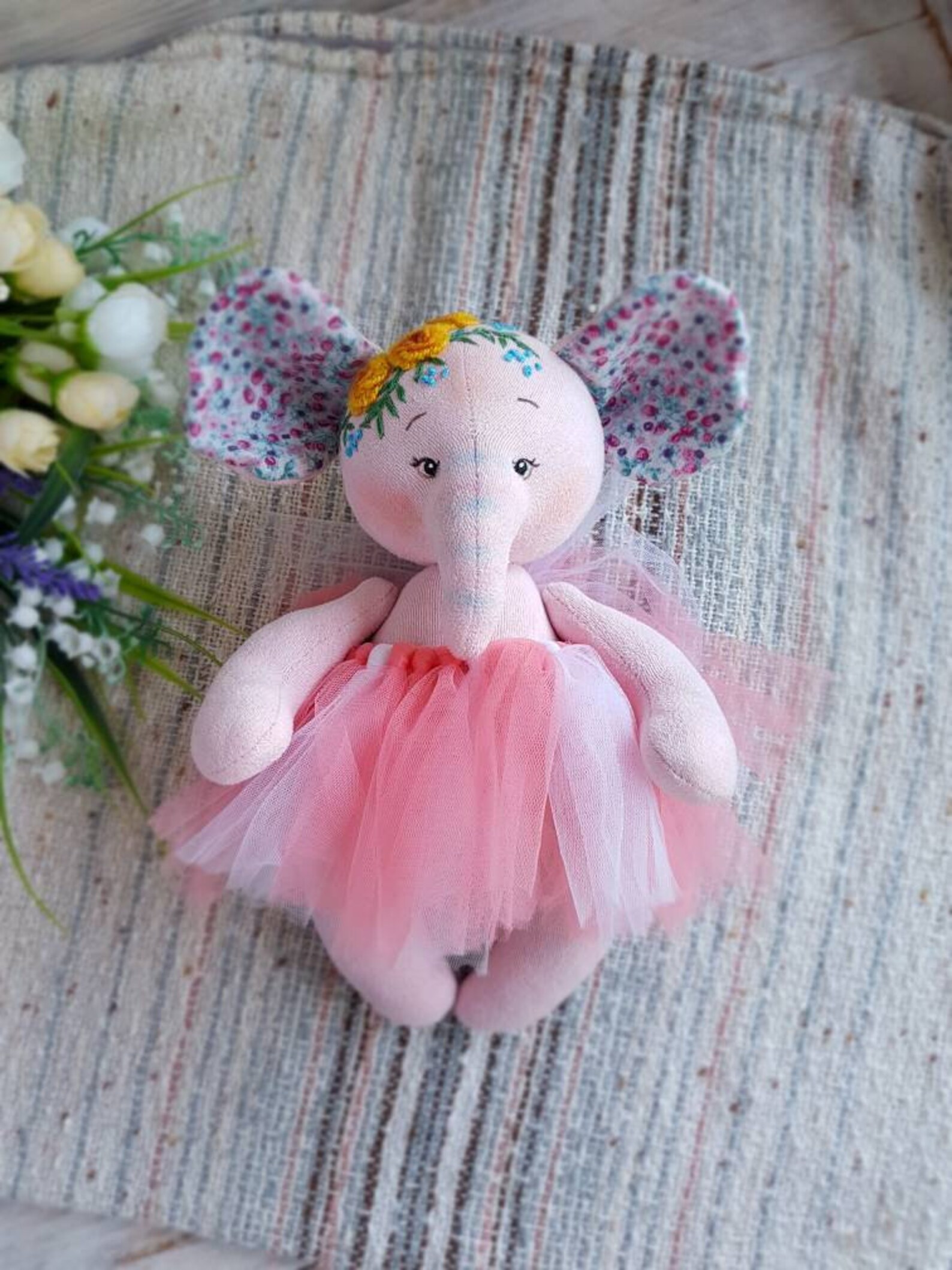 Soft elephant with embroidery in a tutu skirt Flower elephant Etsy