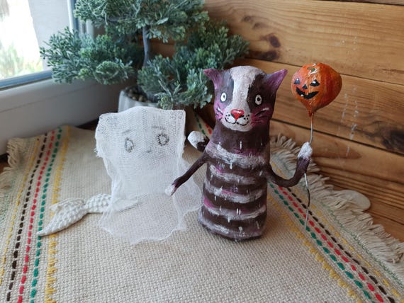 Handmade Halloween Cat with Pumpkin - Unique Spooky Decoration, Cat in a ghost costume