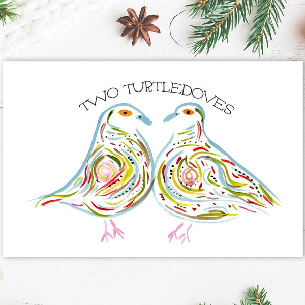 Two Turtledoves  - Bird Christmas - Holiday Card - Cute, Whimsical, Original Art Card - Single Or Sets