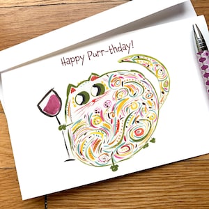 Happy Purr-thday - Cat Wine Lover Funny Birthday Card - CUSTOM Options
