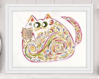 Funny Cat Wall Art - Original Watercolor Print - Cat Reading Maya Angelou - Book Lover Print - Name: &quot;Maya&quot;