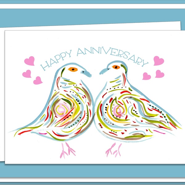 Two Turtledoves Anniversary -  Cute, Whimsical, Original Art Card - Customizable