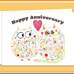 Carte d'anniversaire - Hibou et Pussycat - Paire improbable - Art original mignon - Options CUSTOM
